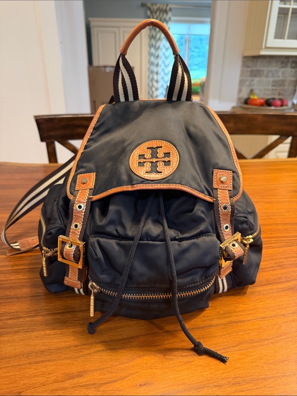 Tory Burch Black Nylon Backpack with Tan Leather Trim and Striped Straps